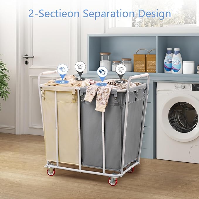 Hoctieon 2 Section Laundry Sorter Cart, 400L Rolling Hamper with Wheels, Industrial Laundry Basket Organizer, Extra Large Dirty Clothes Hamper for Home & Hotel, Heavy Duty, Gray+Beige-NeatNest