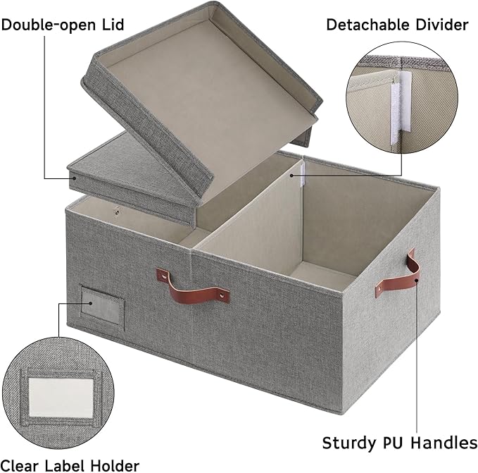 GRANNY SAYS Large Storage Bins With Lids, Decorative Boxes, Fabric Containers With Double-Open Lid and Divider, Collapsible Clothes Organizers, 63L Linen for Closet, Dark Gray-NeatNest