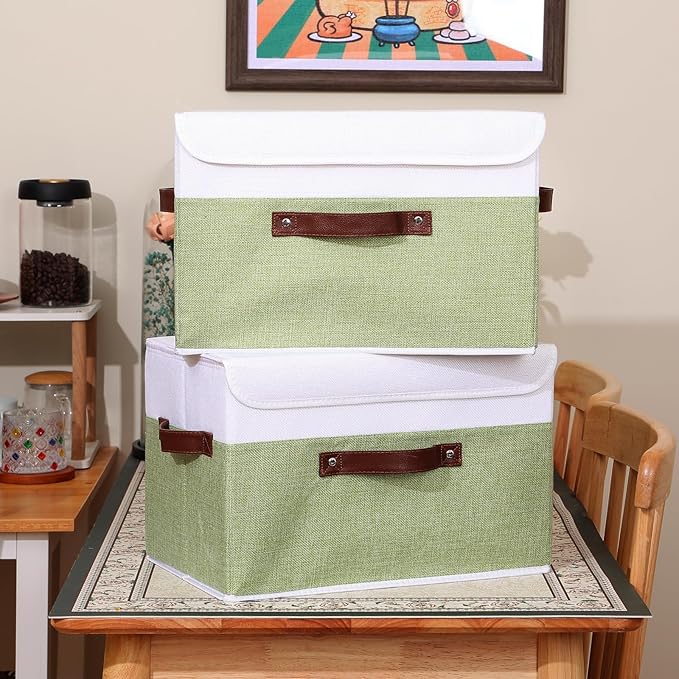 ANMINY 2PCS Storage Boxes with Lid Washable Decorative Storage Bins Basket with PU Leather Handle Foldable Linen Fabric Storage Cubes Containers for Home Closet Organizer - Green White, Large Size-NeatNest