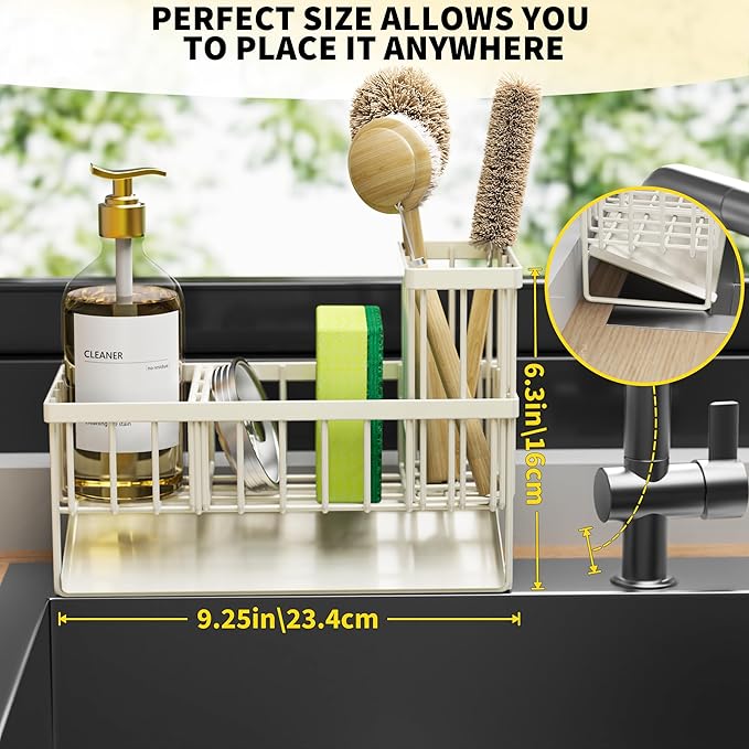 Cisily Off White Sponge Holder for Kitchen Sink, Sink Caddy Organizer with High Brush Holder, Kitchen Countertop Rustproof 304 Stainless Steel, Soap Dispenser Kitchen Organizers and Storage Essentials-NeatNest