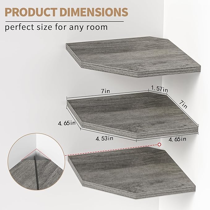 Corner Shelf Wall Mount, Floating Corner Shelves, Set of 3 Corner Wall Shelf Organizer, Rustic Wood Wall Storage Display Shelves for Living Room Bedroom Bathroom Kitchen, Rustic Grey-NeatNest