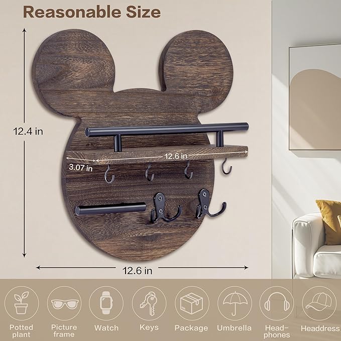 AIRPOP Disn Key Holder for Wall–Mouse Wooden Mail Organizer Wall Mount with Shelf and 6 Hooks, Easy Installation Key Rack Hanger for Entryway Living Room Home Decor (Brown)