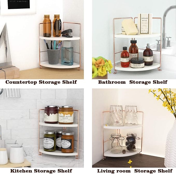 2-Tier Bathroom Countertop Organizer - Vanity Tray Cosmetic & Makeup Storage- Kitchen Spice Rack Standing Shelf - Corner Storage Shelf, Rose Gold-NeatNest