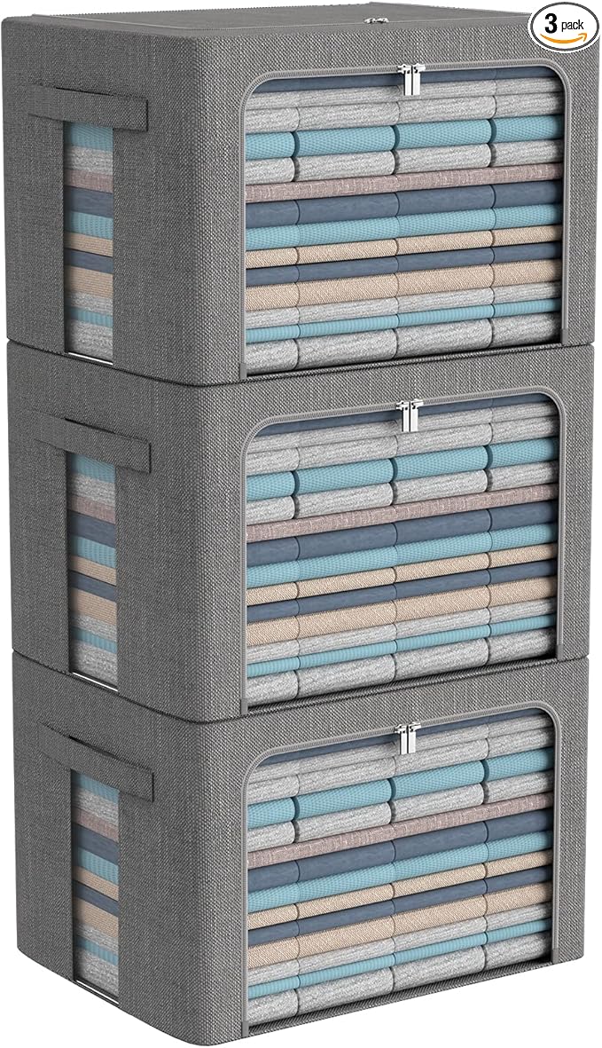 3Pack Foldable Storage Bins - Frame Storage Box Linen Fabric Stackable Clothes Container Organizer with Clear Window & Carry Handles Large Capacity (Large-66L, Dark Gray)-NeatNest