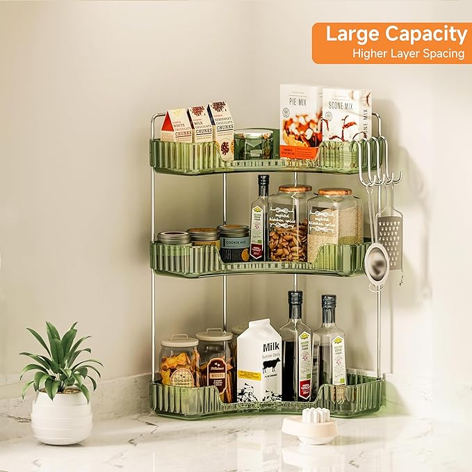 Makeup Organizer for Vanity 3-Tier Corner Bathroom Organizer Countertop with Hooks Bathroom Countertop Perfume Organizer Corner Bathroom Counter Corner Storage-Green-NeatNest