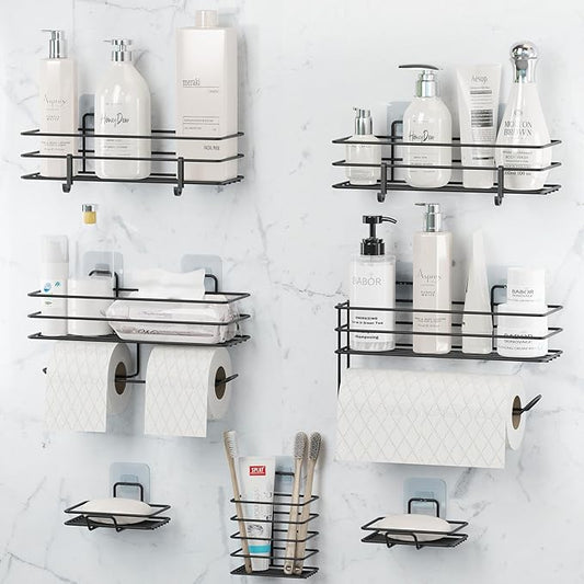 DEKULA Adhesive Shower Caddy 7 Pack Shower Shelves Organizer for Bathroom Storage, Rustproof Stainless Steel Bath Organizers, Kitchen, Adhesive or Screw, Soap Dish Hooks Wall Shelf Toilet Paper Holder