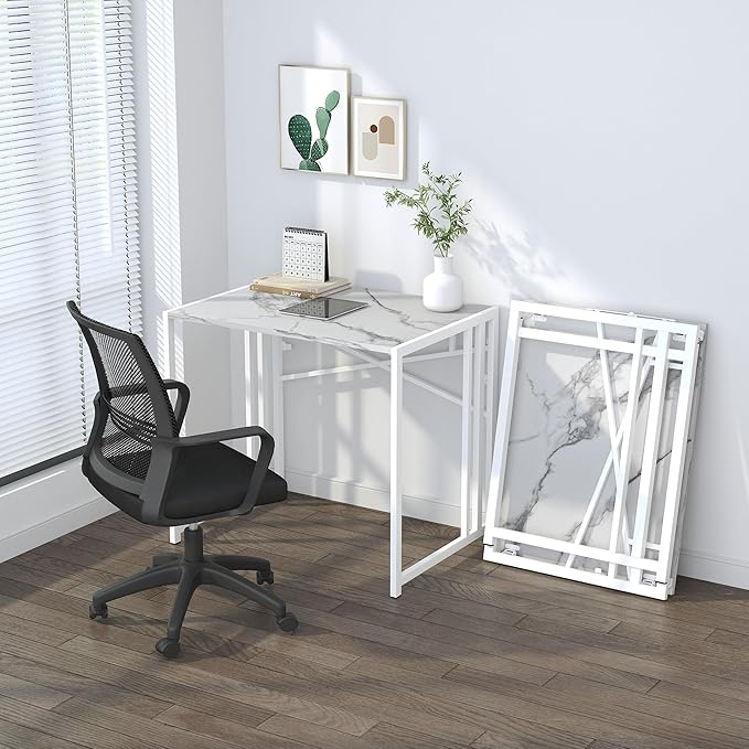 32 inch Folding Small Desk, Writing Gaming Computer Camping Desk for Small Spaces, No Assembly Required Home Office Desk, White Marble-NeatNest