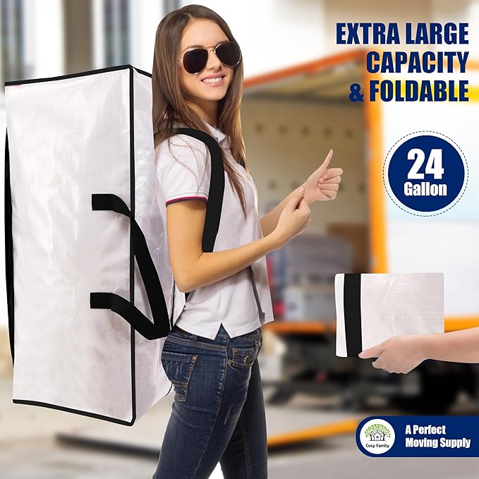 Cosy Family 12 Pack Heavy Duty Moving Bags with Backpack Straps - Strong Handles & Zippers, Storage Totes For Space Saving, Fold Flat, Alternative to Moving Box (X-Large-Set of 12, Clear)-NeatNest