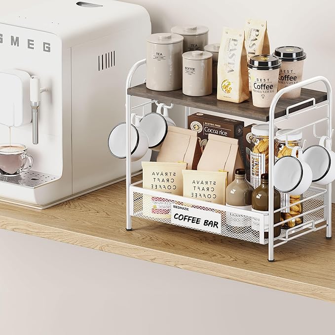 Coffee Bar Organizer for Countertop Station, Simple Assembly 2 Tier Shelf for Home,Office, Coffee Cup Holder Storage Organization for Counter Accessory Storage Rack with 4 Hooks Space-Saving-NeatNest