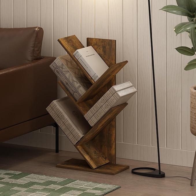 Furinno Tree Bookshelf 5-Tier Floor Standing Tree Bookcase, Amber Pine-NeatNest