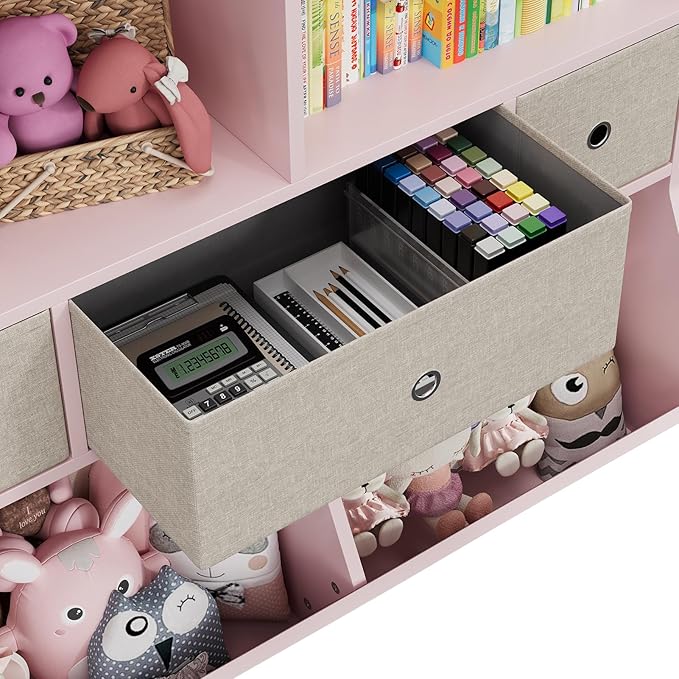 IDEALHOUSE 7-Cubby Large Kids Toy Storage Organizer, Children Wood Bookcase and Bookshelf, 3-Tier Toy Storage Cabinet with 3 Drawers for Hallway, Playroom, Living Room, School, 2 Set Pink
