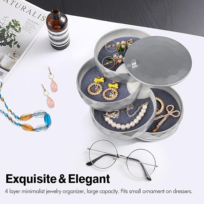 CONBOLA Travel Jewelry Case Box, Small Jewelry Organizer Earring Holder for Women, 5-Layer Rotating Jewelry Storage Tray with Lid for Bracelets Rings Bracelets-NeatNest