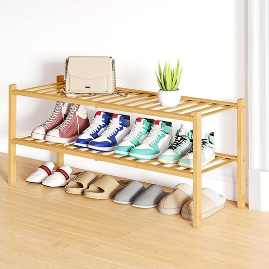 Smiry Shoe Rack, 2 Tier Long Bamboo Shoe Organizer, Stackable Free Standing Wooden Shoe Storage Shelf for Closet, Entryway, Front Door Entrance, Natural-NeatNest