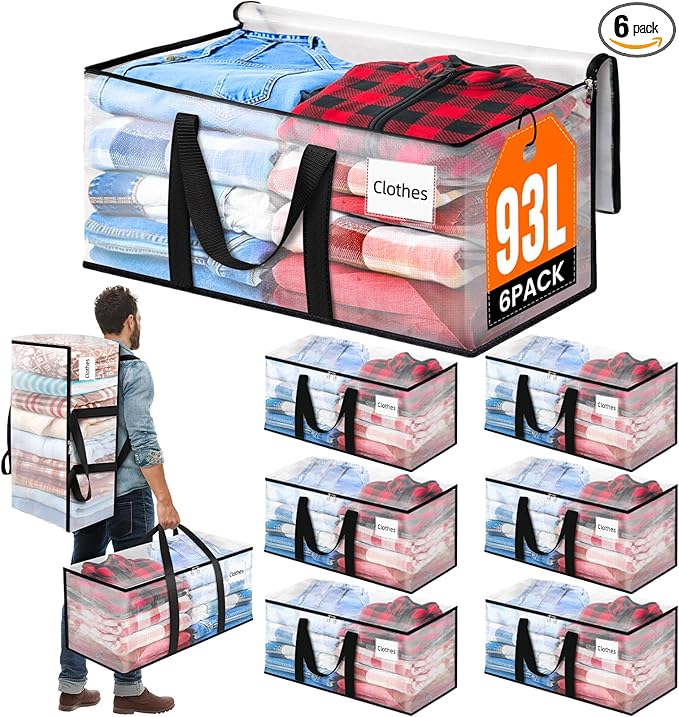 BlissTotes 6-Pack Large Moving Bags with Backpack Straps & Strong Zippers, Heavy-Duty Storage Bags Moving Boxes for Space Saving, Dorms, Transport, 93L-25 Gallons, Clear-NeatNest