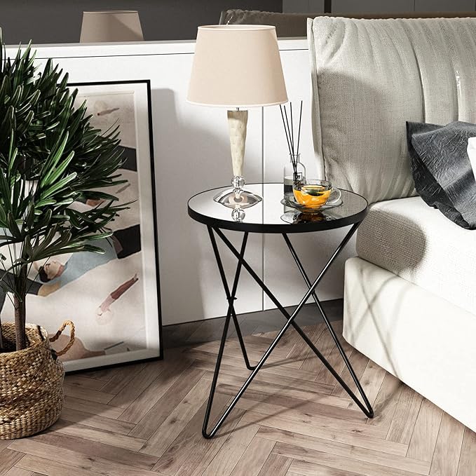 HLR Modern Round Side Table Set of 2, End Table with Marble Effect Top and Gold Metal Frame, Small Side Table for Living Room, Bedroom, Sofa and Couch, Black Legs, Mirror top