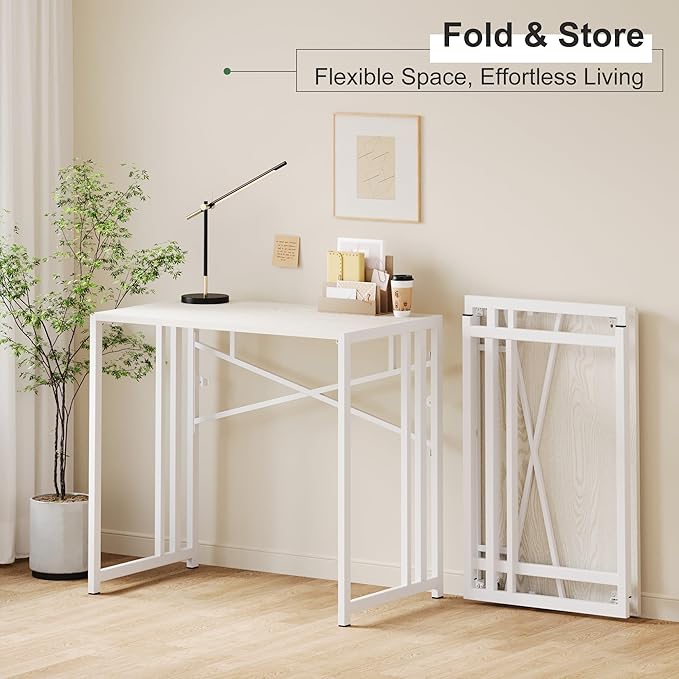 35 inch Small Folding Desk, Writing Gaming Computer Camping Desk for Small Spaces, No Assembly Required Home Office Table, Natural and White-NeatNest