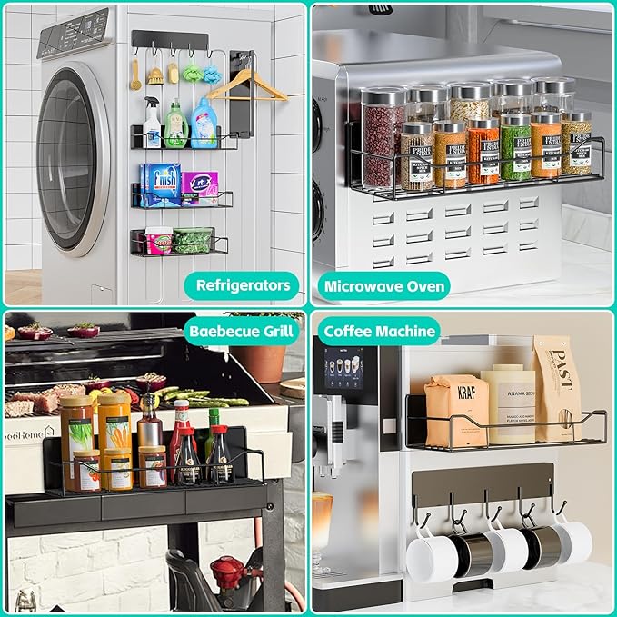 5 Pack Magnetic Shelves for Refrigerator, Magnetic Spice Rack with Tool Hooks, Versatile Metal Storage Baskets for Kitchen, Oven, Washing Machine(Black)