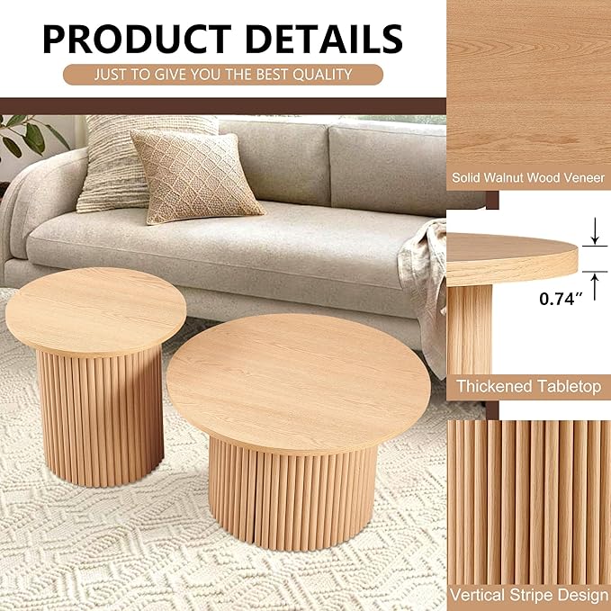 2-Piece Nesting Coffee Side Table Set of 2, Round Nightstand End Table with Fluted Wood Strip Base,Manufactured Wood Nesting Tabletop with Solid Oak Wood Veneer, Elegant Side Table