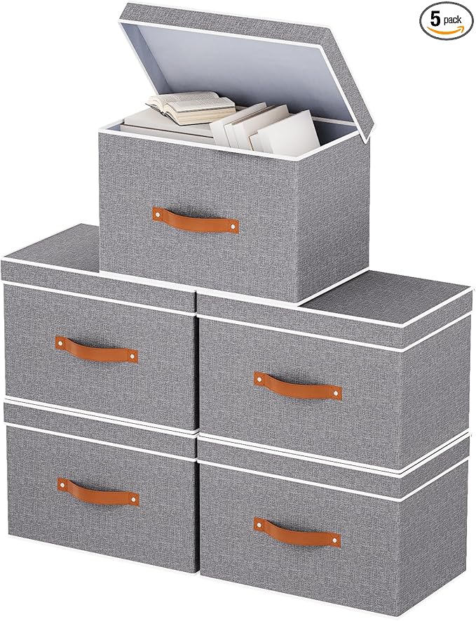 Collapsible Storage Bins with Lids, 5 Pack Linen Foldable Cloth Baskets, 15 x 9.8 x 9.8 Inch Closet Organizer Containers with Double Handles, Sweater Boxes for Bedroom, Grey-NeatNest