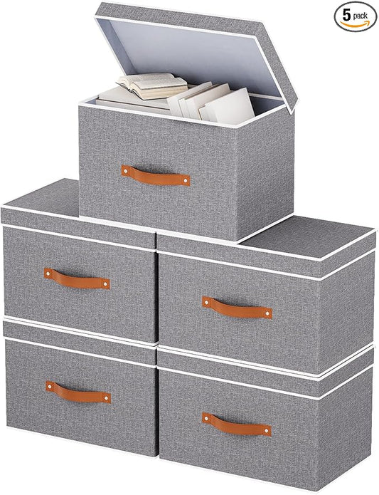 Collapsible Storage Bins with Lids, 5 Pack Linen Foldable Cloth Baskets, 15 x 9.8 x 9.8 Inch Closet Organizer Containers with Double Handles, Sweater Boxes for Bedroom, Grey-NeatNest