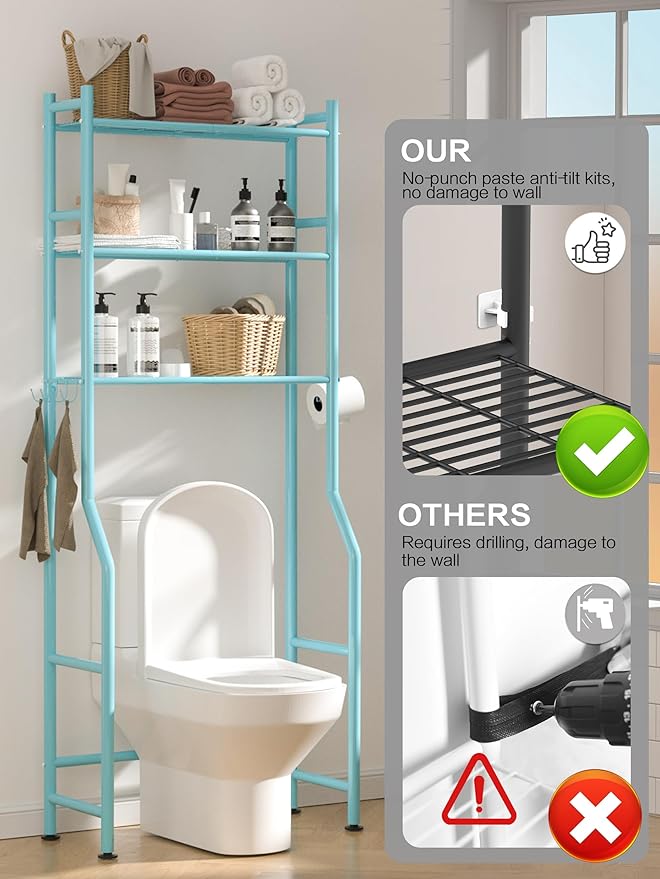 3-Tier Over The Toilet Storage, Space Saver Metal Bathroom Shelves, Freestanding Above Over Toilet Storage Shelf with 4 Hooks for Bathroom, Blue-NeatNest
