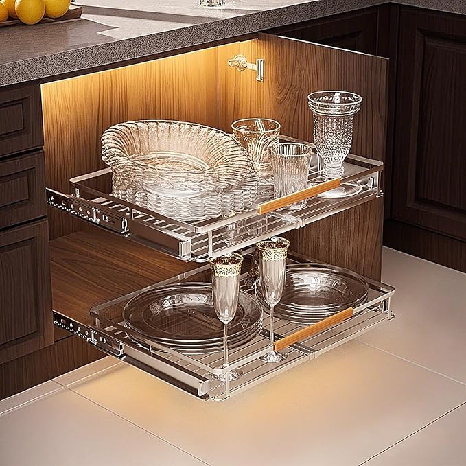2 Pack Expandable Pull Out Cabinet Organizer，Side Mounting 16.3~26.3"x17.3"Cabinet Pull Out Shelves, Expandable Slide Out Spice Rack for Kitchen Bathroom Office-NeatNest