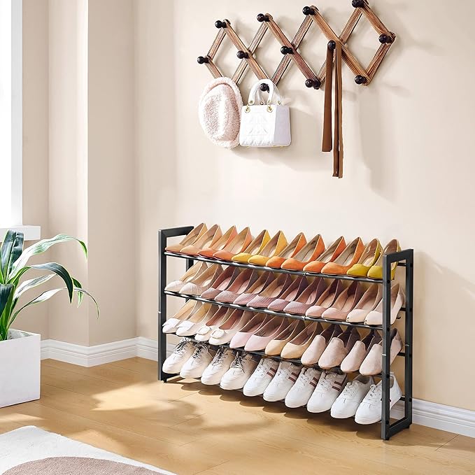 FAVOOSTY 4-Tier Expandable Shoe Rack, Adjustable Shoe Shelf Storage Organizer Space Saving Metal Free Standing Shoe Rack for Entryway Closet Doorway, Black-NeatNest