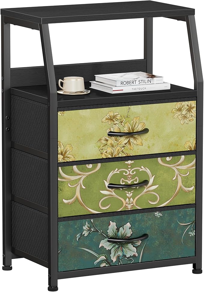Furnulem Retro Night Stand with 3 Drawers and 2-Tier Shelf, Small Nightstand Side Table, Vintage Storage Dresser for Bedroom, Fabric Drawer Organizer for Closet, Beside Furniture-NeatNest