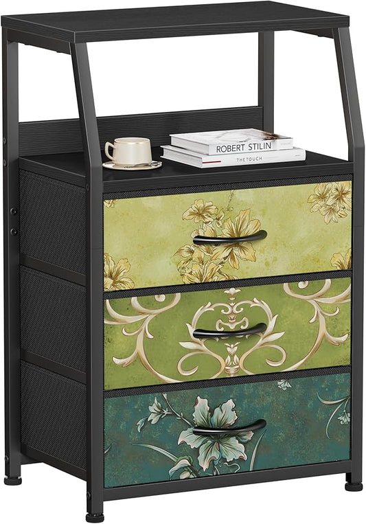 Furnulem Retro Night Stand with 3 Drawers and 2-Tier Shelf, Small Nightstand Side Table, Vintage Storage Dresser for Bedroom, Fabric Drawer Organizer for Closet, Beside Furniture-NeatNest