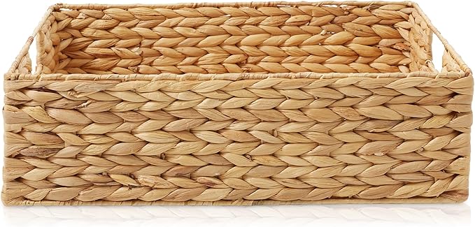 Casafield Set of 4 Water Hyacinth Pantry Baskets, 12-1/2" x 17" x 5", with Chalkboard Labels and Chalk Marker - Natural, Woven Storage Bin Organizers for Kitchen Shelves-NeatNest