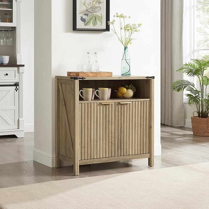 32 Inch Fluted Sideboard Buffet Cabinet with Storage, Modern Farmhouse Accent Credenza with Adjustable Shelves, Coffee Wine Bar for Kitchen, Living Room (Sunwashed Ash Oak, Set of 2)