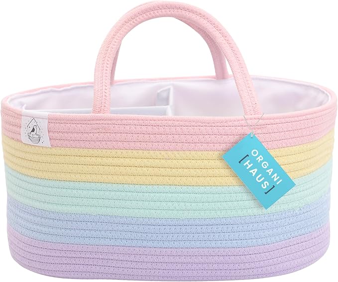 OrganiHaus Pastel Rainbow Basket | Rope Diaper Caddy Basket | Baby Diaper Caddy Organizer | Nursery Basket & Baby Baskets for Newborn Baby Diaper Organizer for Rainbow Decor | Diaper Storage Organizer