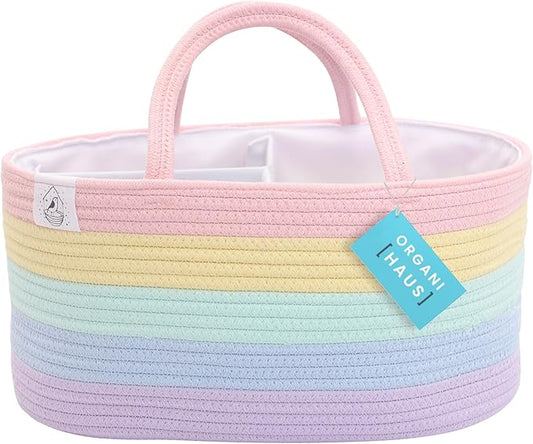 OrganiHaus Pastel Rainbow Basket | Rope Diaper Caddy Basket | Baby Diaper Caddy Organizer | Nursery Basket & Baby Baskets for Newborn Baby Diaper Organizer for Rainbow Decor | Diaper Storage Organizer