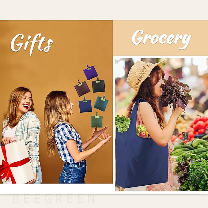 BeeGreen Reusable Grocery Bags Heavy Duty Extra Large 6 Pack Foldable Tote Bag - Cloth Grocery Bags Machine Washable Polyester Fabrics Bulk Shopping Bag - Reusable Gifts for Women (Green Black)-NeatNest