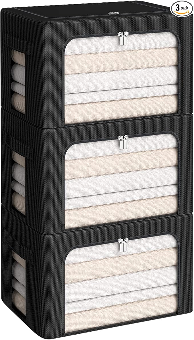3Pack Frame Storage Box - Clothes Storage Bin Bags Oxford Fabric Foldable Stackable Container Organizer Set with Clear Window & Carry Handles (Black, X-Small-36L)-NeatNest