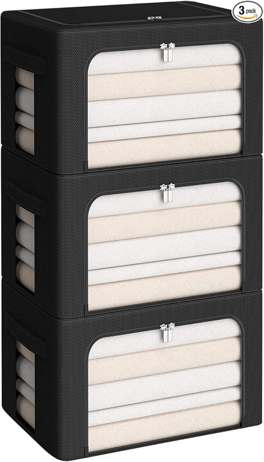 3Pack Frame Storage Box - Clothes Storage Bin Bags Oxford Fabric Foldable Stackable Container Organizer Set with Clear Window & Carry Handles (Black, X-Small-36L)-NeatNest