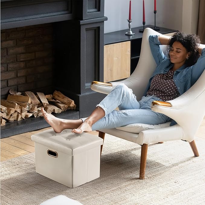 2 Pack Folding Storage Ottoman, 16 inch PU Leather Small Ottoman with Storage Foldable, Set of 2 Faux Leather Foot Stool Support 260lbs for Living Room, Bedroom, Hallway, Cream