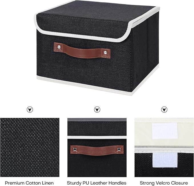 ANMINY 2PCS Storage Bins with Lid PU Leather Handles Storage Boxes PP Plastic Board Decorative Foldable Lidded Cotton Linen Fabric Home Cubes Baskets Closet Organizer Containers - Black, Large Size-NeatNest