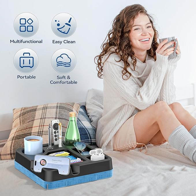 Couch Cup Holder Tray Couch Cup Holder Pillow Bed Tray Snack Sofa Bed Caddy Organizer Beach Sofa Drink Holder Anti-Spill Portable Snack Caddy Couch Remote Holder for Phone Pad Kindle Beverage Blue-NeatNest