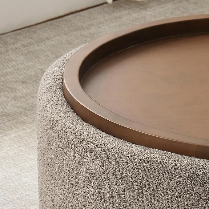 30 Inch Round Storage Ottoman Coffee Table, Modern Boucle Ottoman with Lift-Off Lid and Solid Wood Legs for Living Room, Bedroom, Corners, Apartments (Brown)