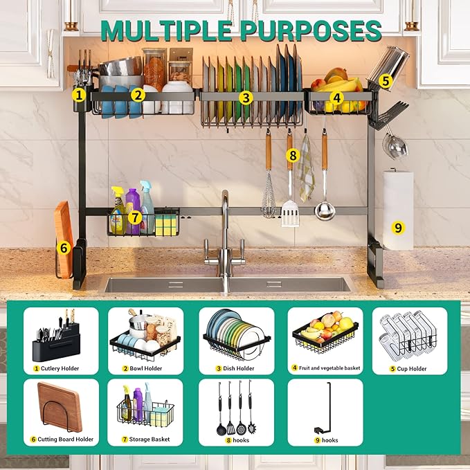 ADBIU Over The Sink Dish Drying Rack (Expandable Height and Length) Snap-On Design 2 Tier Large Dish Rack (24" - 35.5"(L) x 12.1"(W) x 19" - 22"(H))