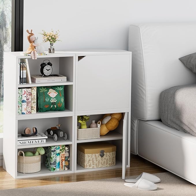 Garden 4 You Cube Storage Organizer Shelf, 2-Tier Stackable Bookshelf with Door, Wooden Display Bookcase, Small Storage Cabinet for Living Room & Bedroom, White-NeatNest