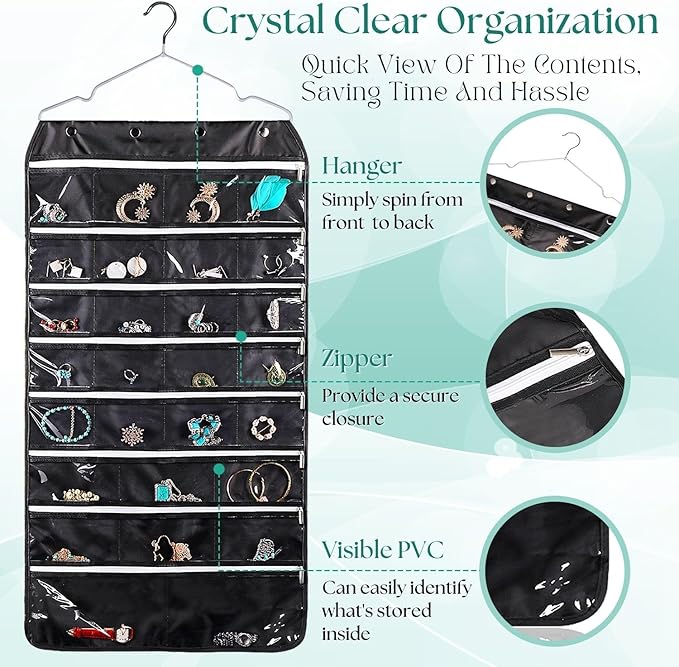 Flexzion Hanging Jewelry Organizer with Zippered Pockets - (1 Pack) Black Closet Jewelry Organizer Storage with Hanger, 56 Pockets Dual Sided Earring Organizer Hanging for Bracelets, Watches, Ring-NeatNest