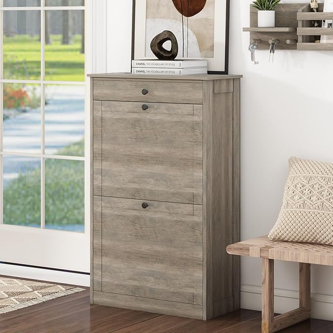 Shoe Cabinet with 2 Flip Drawers, Narrow Freestanding Shoe Storage Organizer, Slim Wooden Hidden Shoe Rack for Front Door Entrance, Closet, Hallway, Living Room, Rustic Gray-NeatNest