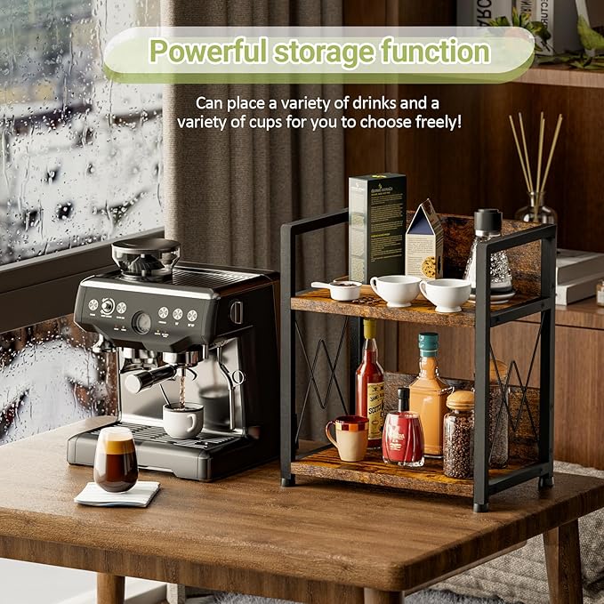 Aduanbang Coffee Bar Accessories Organizer, 2 Tier Wooden Kitchen Counter Shelf, Coffee Organizer Station for Countertop, Condiment Rack for Mugs, Cups, Cream, Syrup-NeatNest