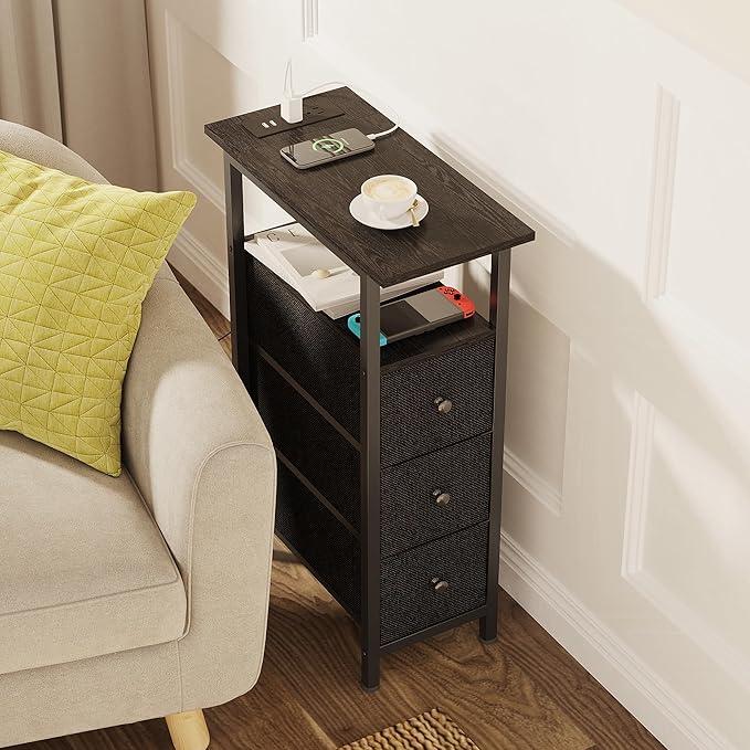 End Table with Charging Station, Narrow Side Table with 3 Fabric Drawers, Skinny Nightstand with LED Light, Slim Bedside Table for Bedroom, Living Room, Small Spaces, Black