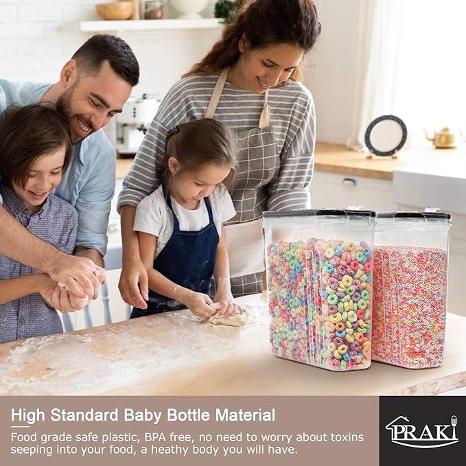 PRAKI 5PCS Cereal Containers Storage Set, BPA Free Airtight Food Storage Container Set with Lids, Kitchen Pantry Organization and Storage for Sugar, Baking Supplies with 20 Labels & Mark(4L Black)-NeatNest