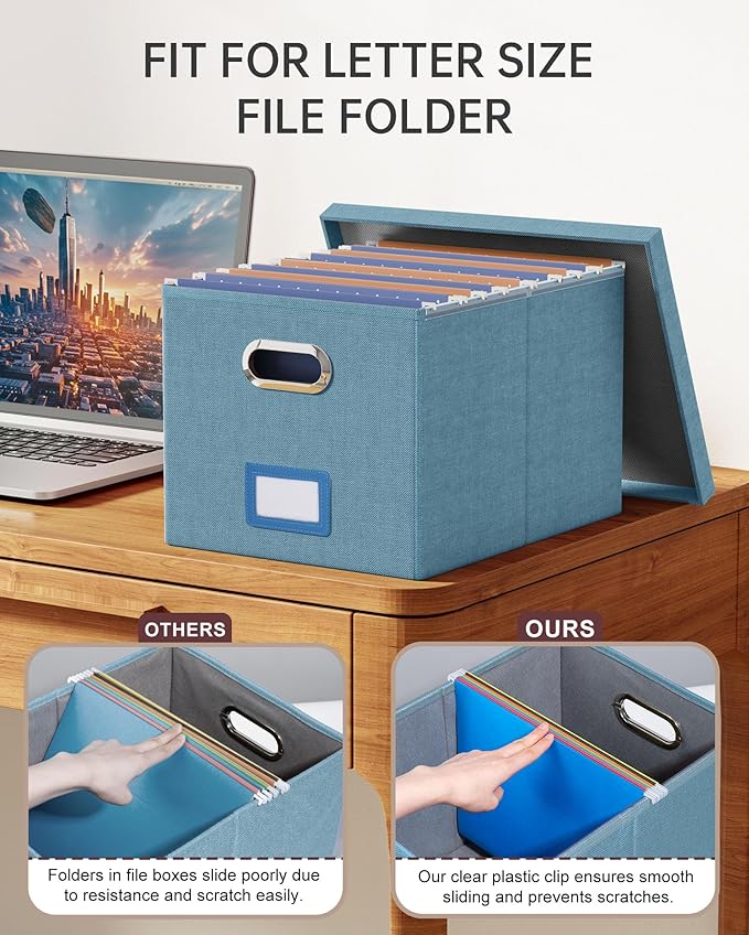 2 Pack File Storage Organizer, Filing Box, Portable File Box with Lid, Fit for Letter/Legal File Folder Storage, Document Organizer, Dark-blue