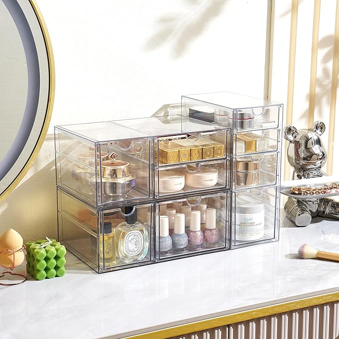 Prsildan Acrylic Drawer Makeup Organizer with 9 Drawers, Set of 3 Office Desk Organizers Accessories, Clear Stackable Storage Drawers for Vanity, Countertop, Craft, Jewelry, Art Supply Organization-NeatNest