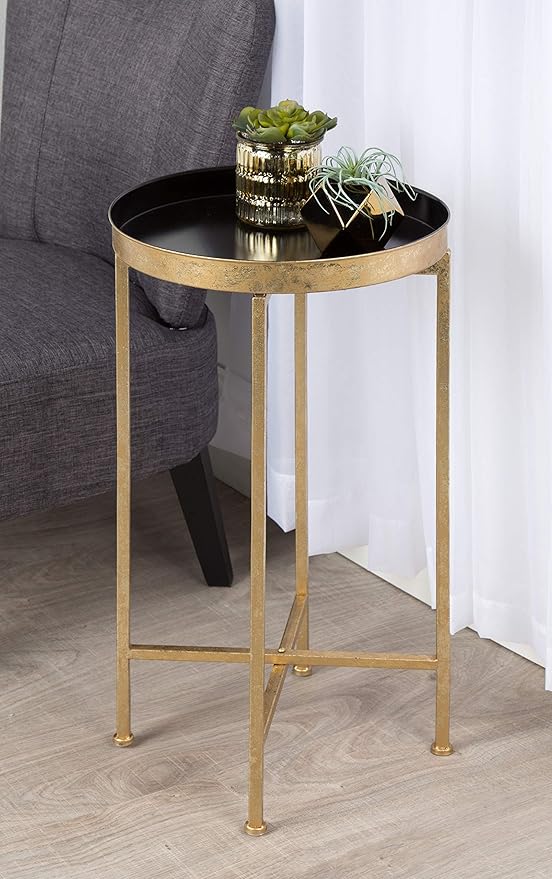 Kate and Laurel Celia Round Metal Foldable Tray Accent Table, Black with Gold Base